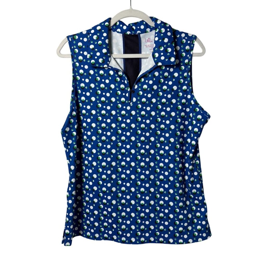 Lillie Green‎ Top Womens L Blue Circle Print Sleeveless Collared Golf Tennis